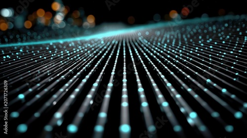Perspective digital grid with glowing blue nodes for network and connectivity concepts.
