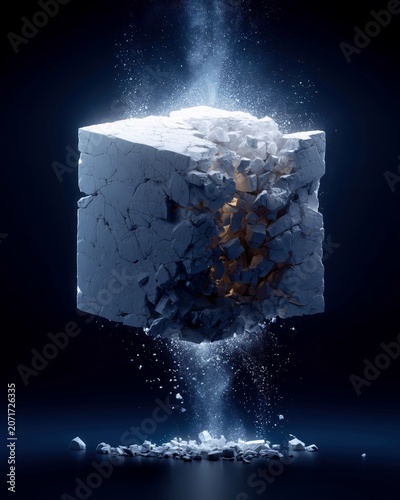 Shattering stone cube with internal glowing core for power and destruction concepts.
