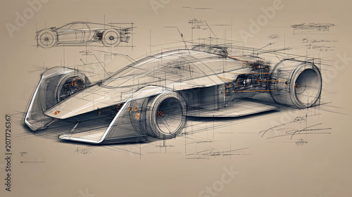 Futuristic race car concept sketch with sleek innovation for automotive design.
