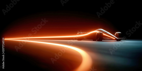 Dramatic futuristic racing car light trail concept for sports marketing.
