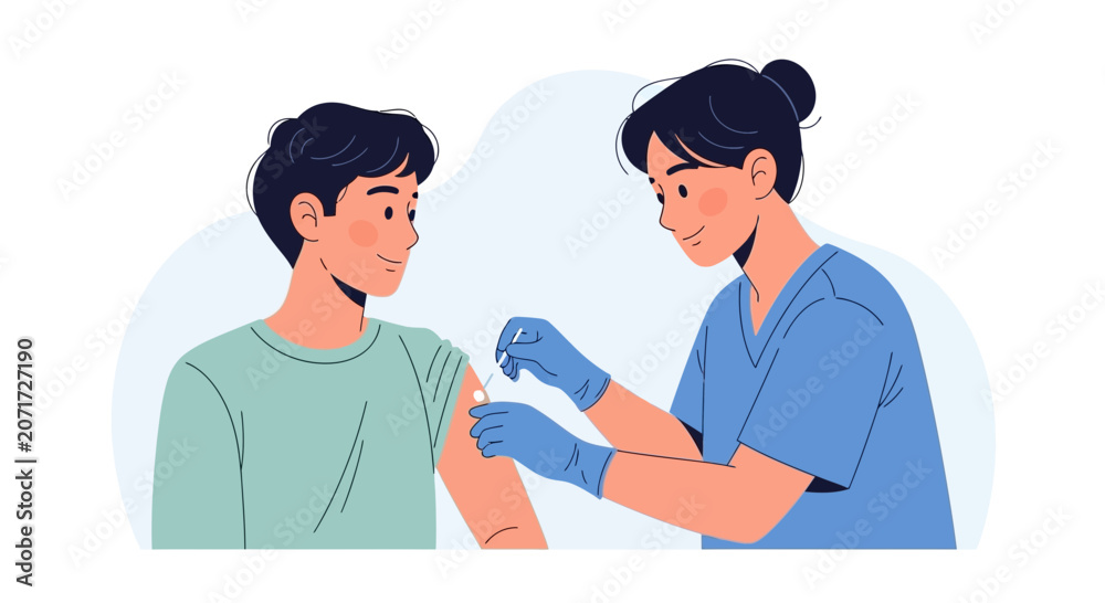Obraz premium Healthcare worker giving vaccine injection to young patient in clinic flat illustration
