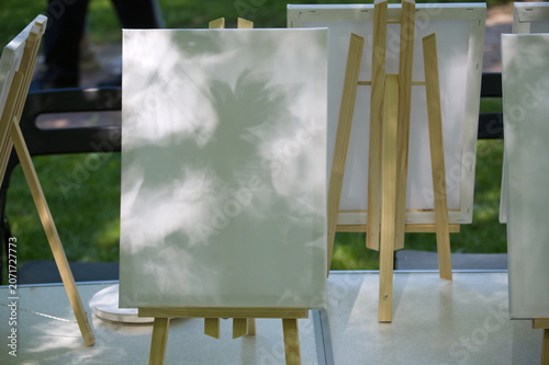 Blank Canvas On Easel With Dappled Sunlight And Tree Shadows At Outdoor Art Display