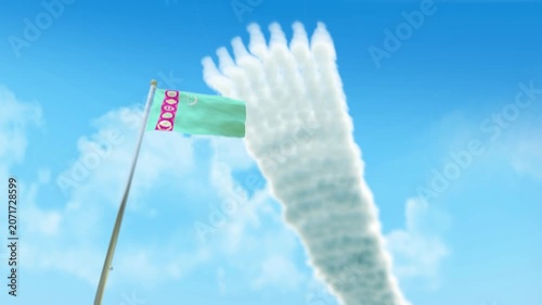 Turkmenistan Flag 3D Render Animation on Pole with Fighter Jets Smoke Trails in Blue Sky - Low Angle View