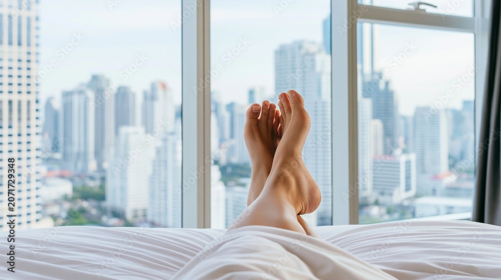 Obraz premium Traveler enjoying the urban view from a comfortable bed in a contemporary hotel room, symbolizing leisure, rest, and travel