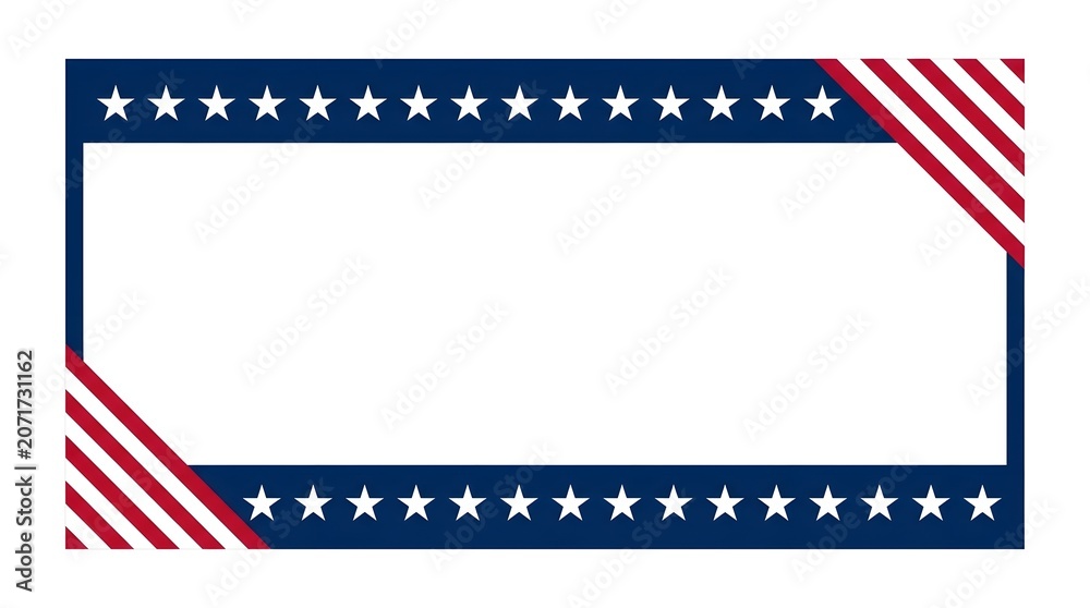 Obraz premium Rectangular frame border featuring a dark blue band with white stars and american flag striped corners on a clean white background, for text placement