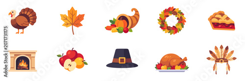 Fotografia Set of Thanksgiving Day and autumn harvest icons with festive food, seasonal dec