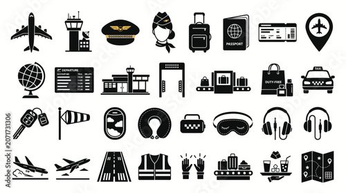Fotografie Airport travel icons depict various items and facilities associated with modern aviation and passenger experiences
