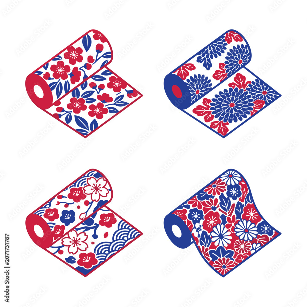 Obraz premium Four Rolls Of Japanese Textile Fabric Featuring Traditional Red And Blue Floral Patterns On White