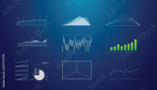 Futuristic neon dashboard vector with charts, graphs, heatmaps, timelines, matrices, UI panels. Technology, finance, analytics, monitoring, AI big data. Infographics Set Parabolic Chart Bar Analytics