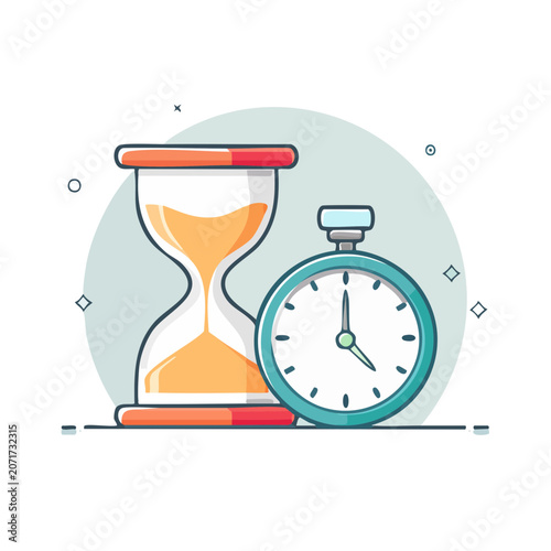 Hourglass and Stopwatch Flat Vector Illustration