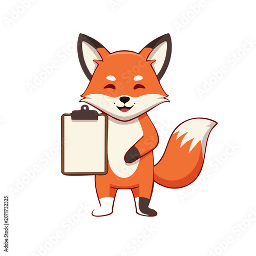 Happy cartoon fox holding a clipboard