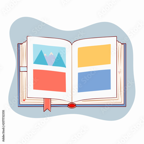 Open book with colorful illustrations and pictures