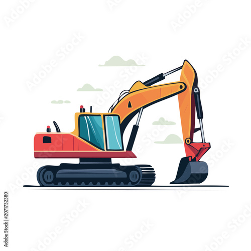 Orange and Red Excavator Flat Vector Illustration
