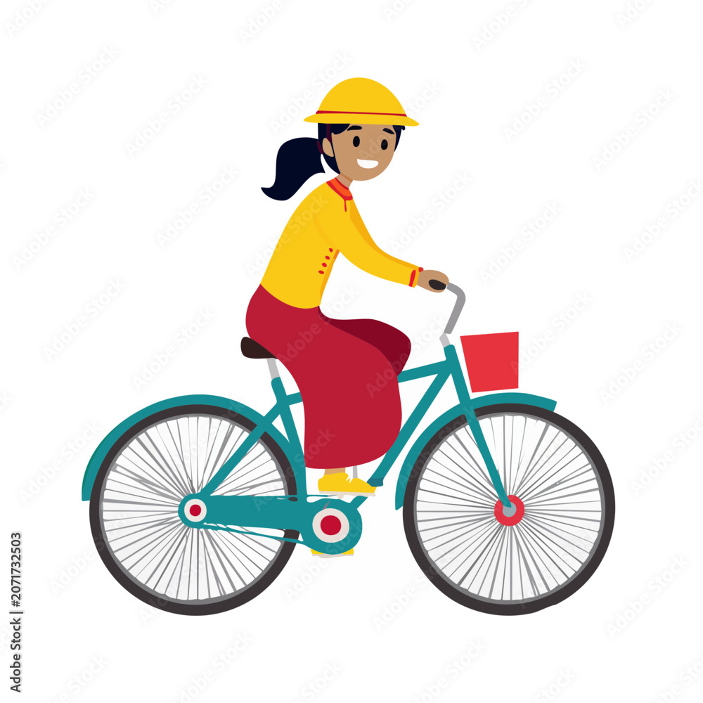 Naklejka premium Woman riding a bicycle in flat illustration style