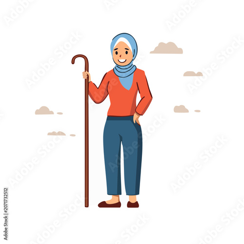 Woman with walking stick in flat illustration style
