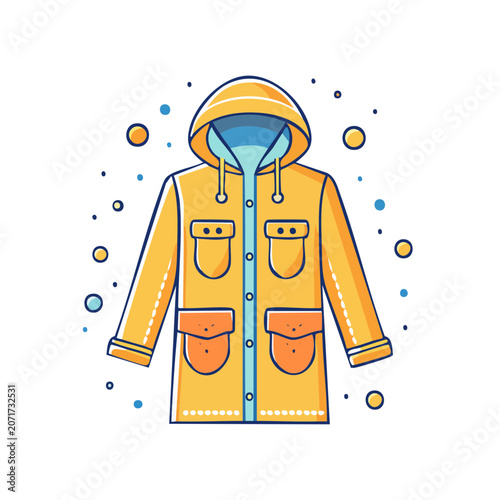 Yellow raincoat with hood and pockets flat vector illustration