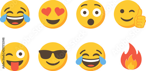 Bild auf Leinwand Modern emoji icon set with 8 flat vector elements, yellow smiley faces with vari