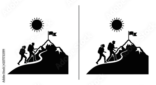 Photos Hikers Climbing Mountain With Flag Black Silhouette peak summit ascent