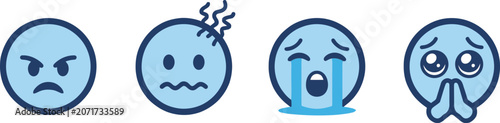Canvastavla Blue emoji face icons set, angry and stressed emoticon characters, crying and pl