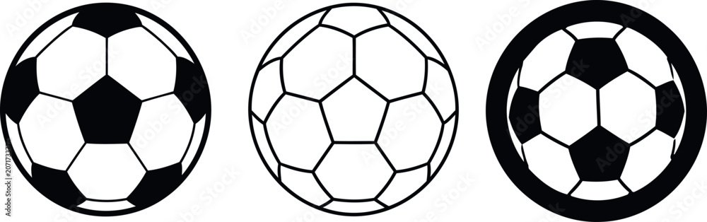 Fototapeta premium Set of three black and white soccer ball icons on white background
