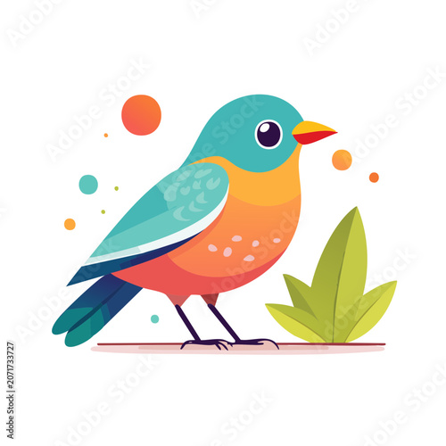 Flat illustration of a colorful bird with leaves