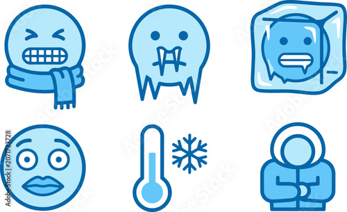 Принти на полотні Freezing cold weather emoji set, blue winter icons for low temperature, shiverin