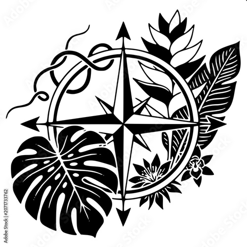 Jungle Compass - Black and White Vector Art