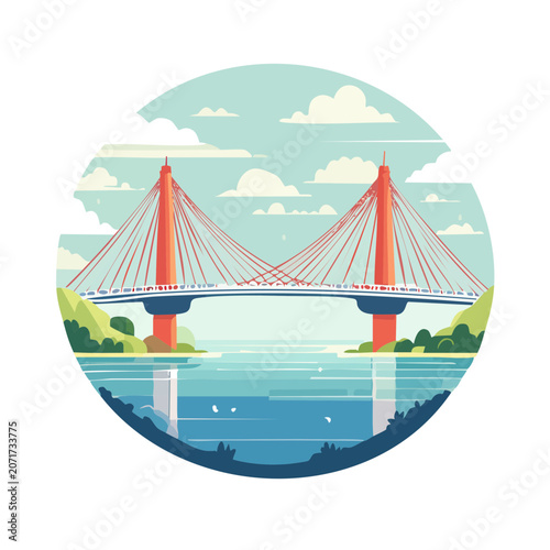 Flat illustration of a red cable stayed bridge over river