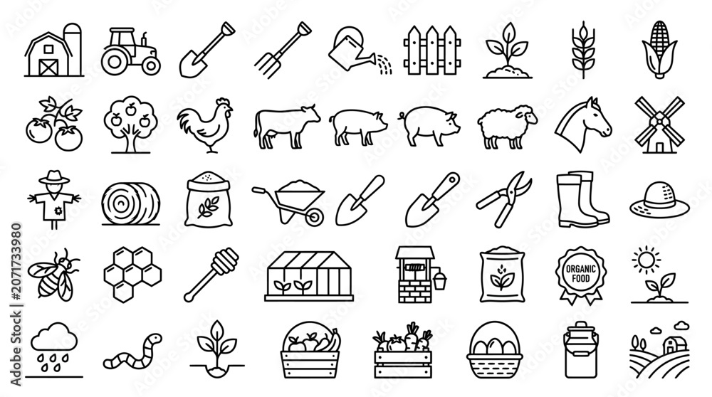 Naklejka premium Agriculture icons represent farming tools, livestock, and rural infrastructure in a comprehensive set.