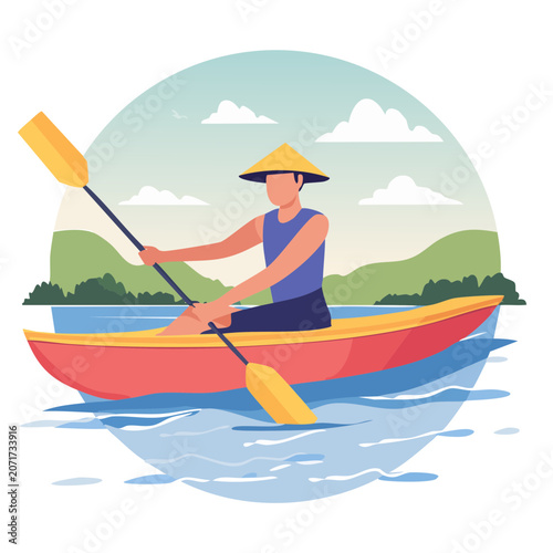 Man kayaking in a red canoe with scenic background