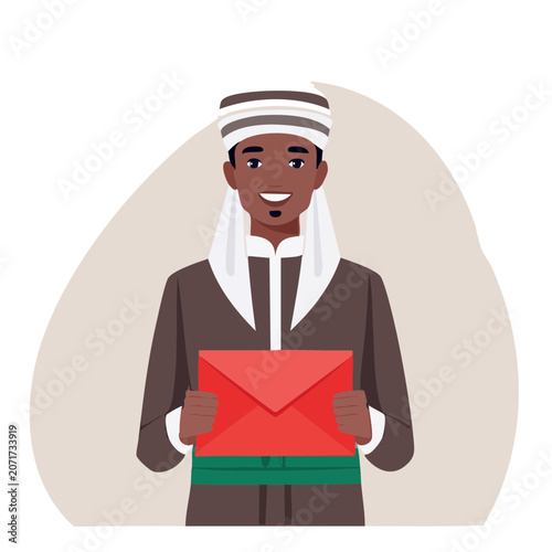 Man in traditional clothing holding red envelope