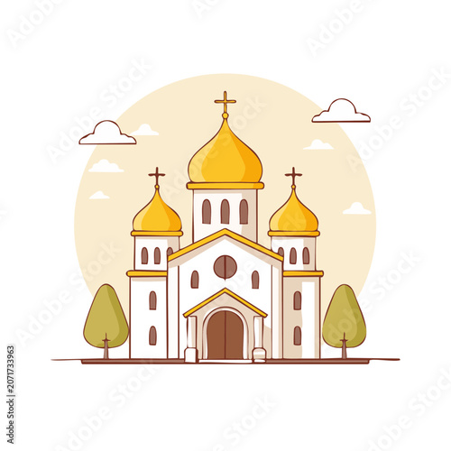 Orthodox Church with Golden Domes Flat Vector Illustration