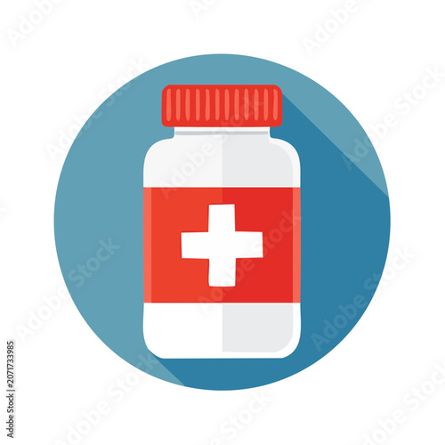 Red and white medicine bottle with first aid symbol