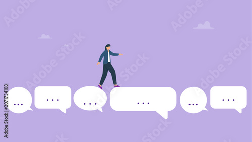 Businesswoman walking on speech bubble conversation message. Feedback dialog conversation message or opinion for business success, online feedback, comment or customer response, talk or answer.