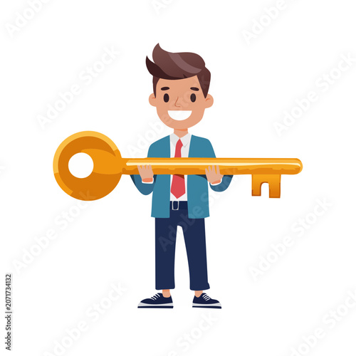 Cartoon businessman holding giant golden key