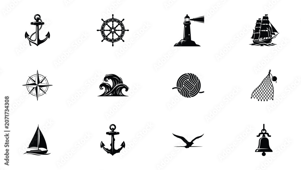 Obraz premium Nautical navigation equipment icons with anchors ship wheels lighthouses and sailboats set.
