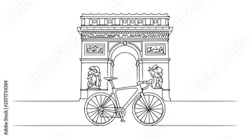 Parisian Arc de Triomphe with Road Bicycle, French Travel and Cityscape Line Art