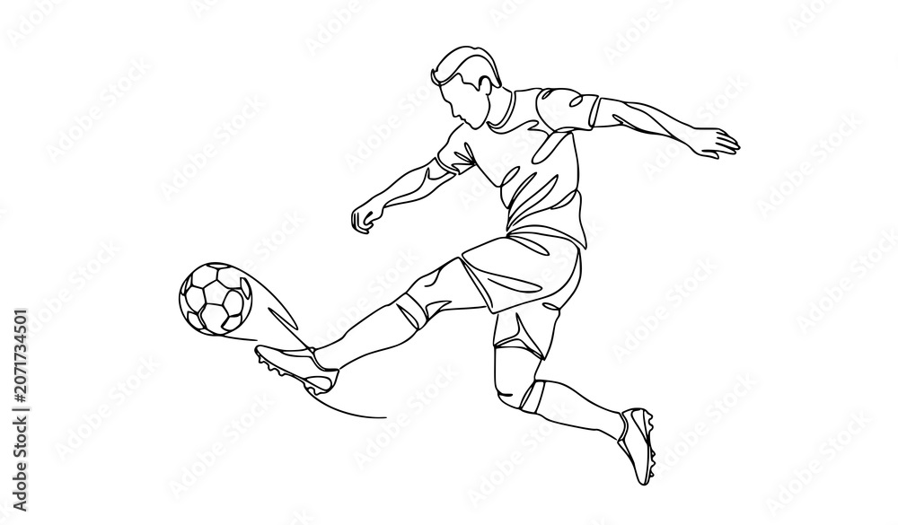 Fototapeta premium Soccer Player Kicking Ball One Continuous Line Drawing Sports Outline Vector Illustration
