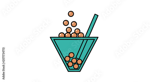 Refreshing Teal Drink with Brown Boba Pearls and Straw Vector Illustration Design