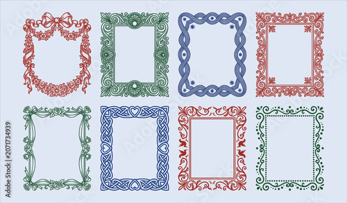 Set of eight ornate decorative frames with floral, vine, scrollwork, heart, star, and animal motifs in red, green, blue