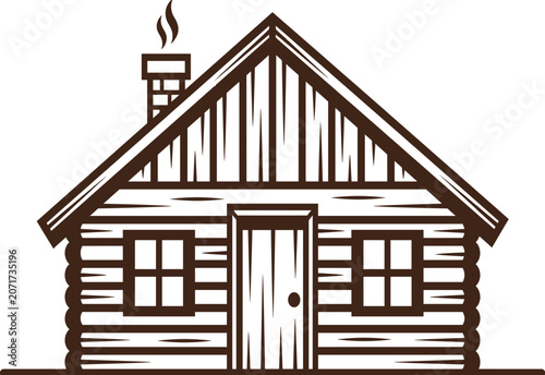 Rustic log cabin vector illustration, cozy wooden house design with chimney smoke, monochrome style, traditional craftsmanship, nature inspired artwork