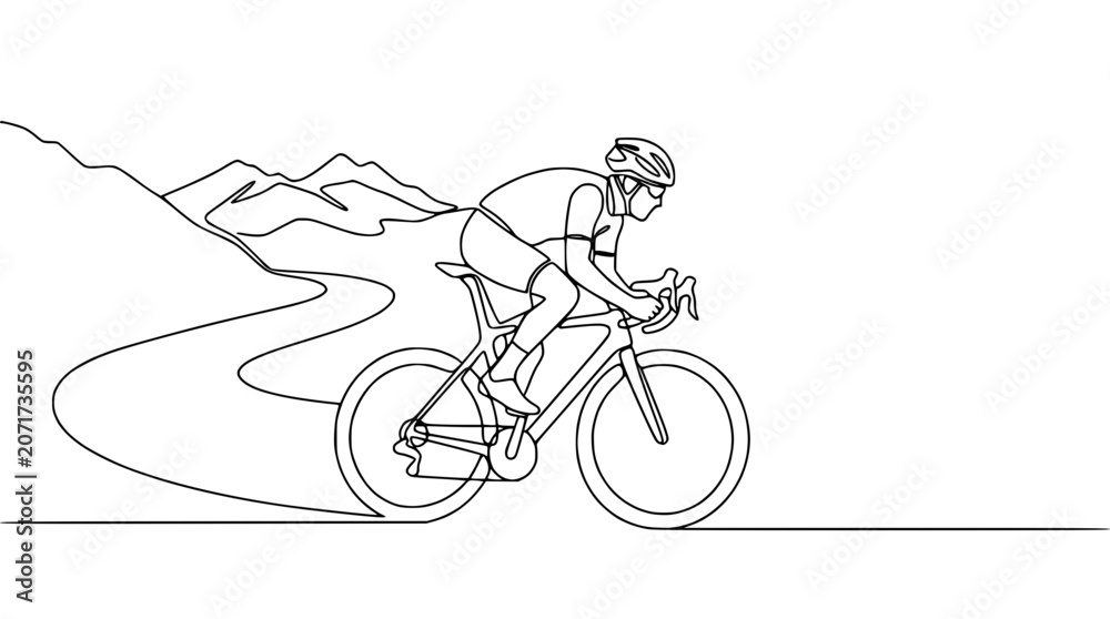 Fototapeta premium Continuous line drawing of a cyclist on a winding road with mountains in the background