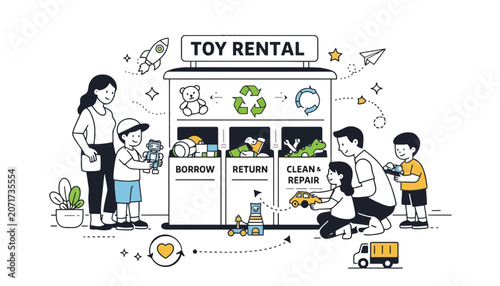 Toy rental service sustainability infographic with children