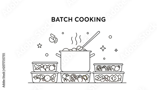 Batch cooking meal prep containers and pot illustration
