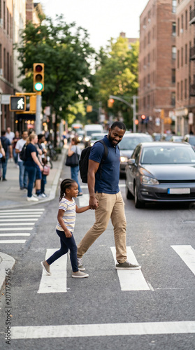 Black dad holding child's hand crossing street, safety and protection, Father's Day