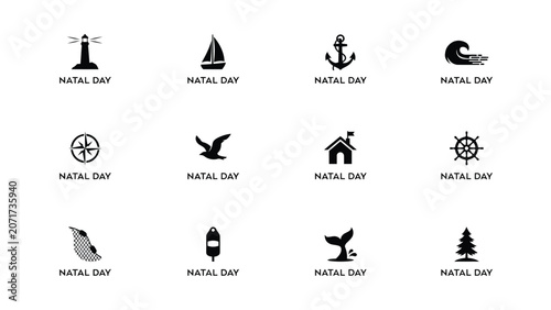 Collection of natal day icons depicting lighthouses ships and coastal life for branding.