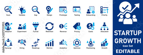 Startup growth and business development vector icon set featuring analytics, strategy, team management, financial progress, and innovation symbols.