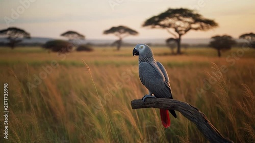 Gray parrot perched on a branch in the african savanna at sunset
