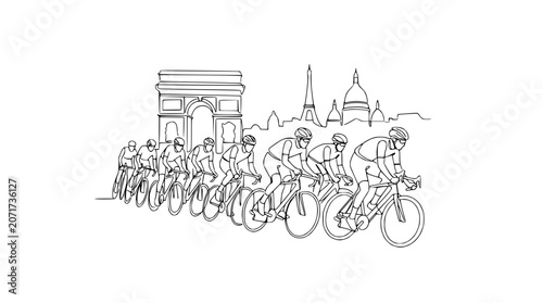 Continuous line drawing of cyclists racing past Parisian landmarks