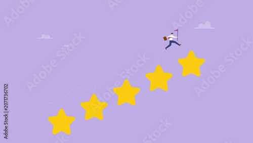 Businessman jump up the 5-star ladder. Effort to gain reputation, performance or quality feedback, review rating or quality survey measurement, excellent vote winner, appraisal or assessment concept.